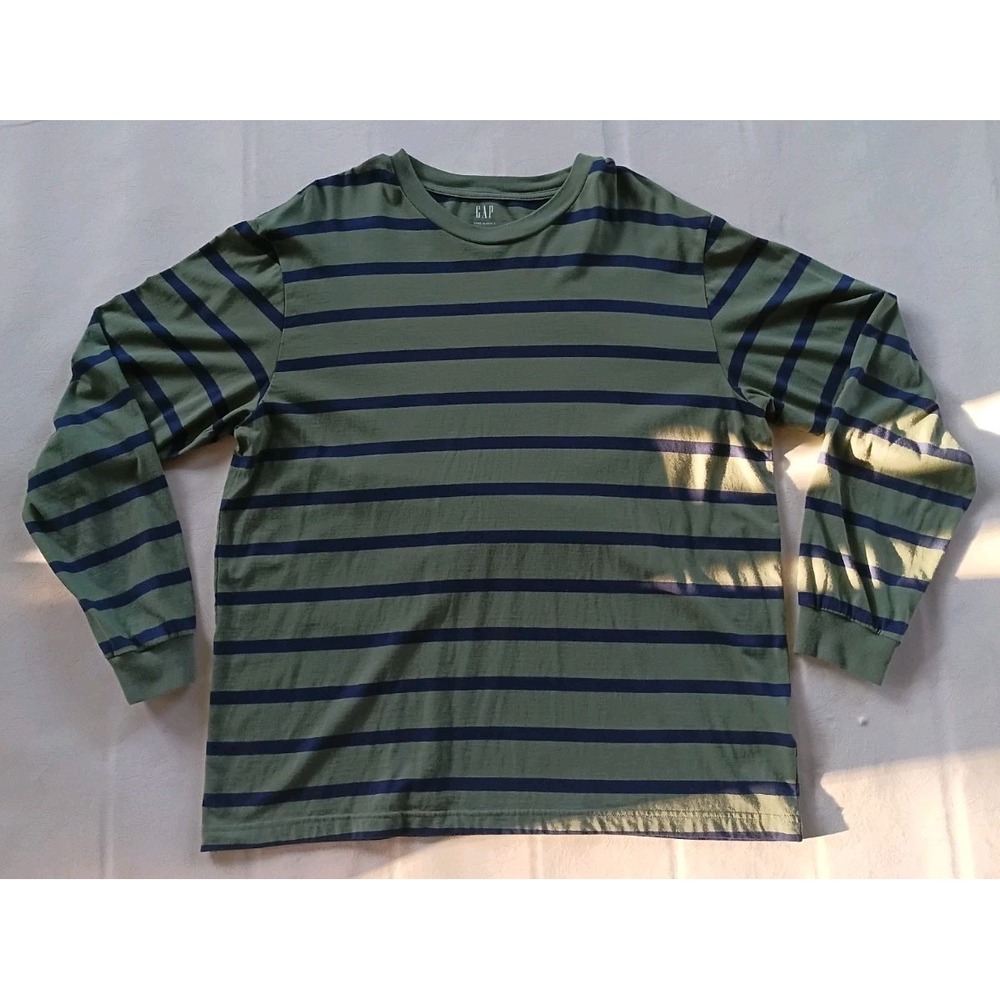 Gap Mens Size L Long Sleeve Olive Green Navy Striped Shirt Organic Cotton 428038